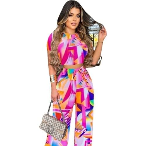 Women Set Print Short Sleeve O-neck Crop Tops Wide Leg Pants Two 2 Piece Sets Casual Tracksuit Summer Outfit 2021