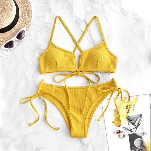 Womens Swimsuit Solid Yellow Lace Up Bandgae Bikini 2020 High Cut Push Up Padded Bathing Suit Thong Swimwear Trajes De Bano