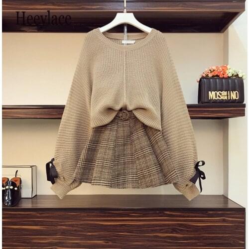 Women Korean 2 piece set knitted Sweater tops and Plaid Tweed skirt set casual two piece outfits fall winter set clothing 2021