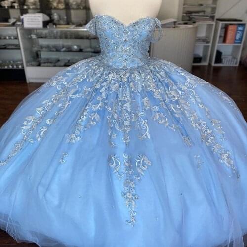 Cinderella Blue vestidos de 15 años 2020 Ballgown Puffy Lace Quinceanera Dress Off the Shoulder Sweet 15 Quince Gown Lace Up