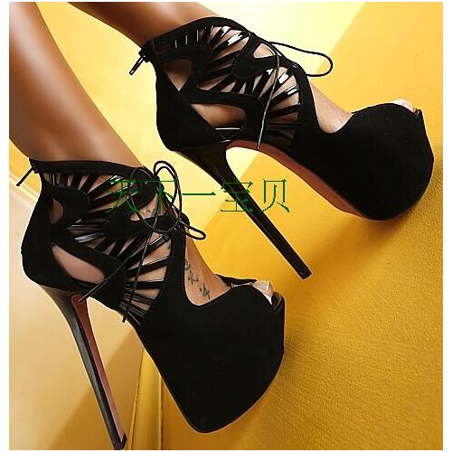 2017 new fashion black suede peep toe high heel sandal cutouts lace-up gladiator sandal summer 16 cm high heel shoes