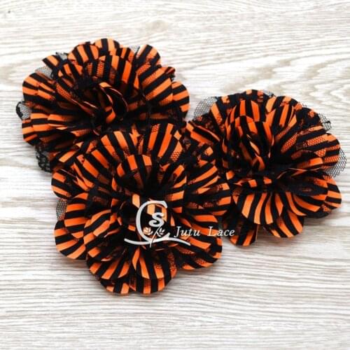 3.75inch large chiffon lace Flower 60pcs/lot wholesale decorative orange/black striped fabric flower for Hollween