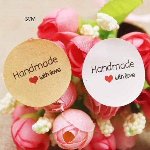 3cm round Handmade red heart seal labels pink/yellow/green paper self adhesive handmade sticker labels 100pcs per lot