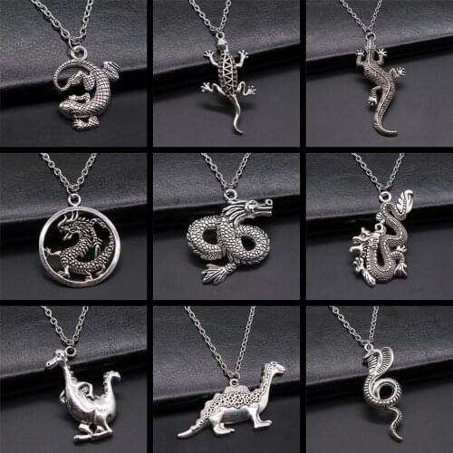 Antique Silver Color Simple Animal Pendant Necklace Dragon Snake Gecko Lizard Dinosaur Pendant Necklace Gift For Boy Girl Women
