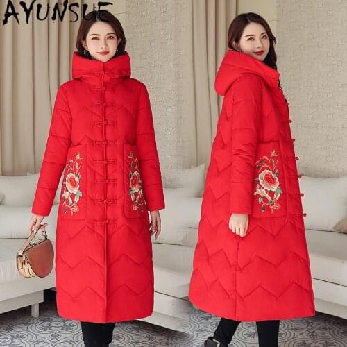 AYUNSUE Winter Clothes Women 2020 Down Cotton Jackets Chinese Style Embroidery Female Jacket Long Coat Thick Hooded Woman Parkas