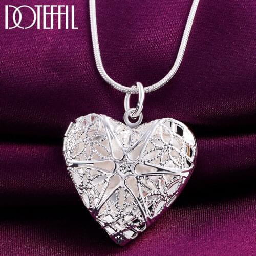 DOTEFFIL 925 Sterling Silver 18 Inch Snake Chain Heart-Shaped Photo Frame Necklace For Women Fashion Wedding Party Charm Jewelry