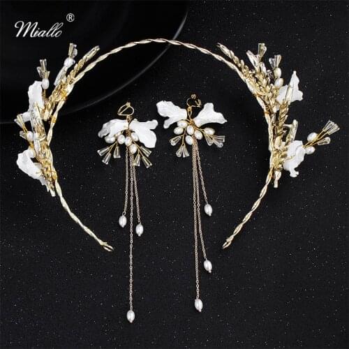 Miallo Newest Gold Color Drawing White Flowers Tiaras and Crowns Bridal Headpieces Wedding Hair Jewelry Accessories for Women