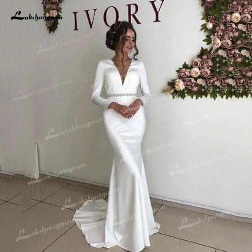 Elegant Soft Satin Mermaid Wedding Dresses Sexy Low V-Neck Long Sleeve Corset Sweep/Brush Train Bride Gowns Beading Sashes Pleat