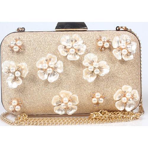 Elegant fashion pearl beaded flowers mini golden wedding party clutch evening bag shoulder bag ladies shoulder bag flap purse