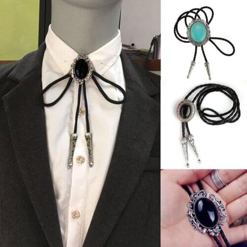 Indian Rhinestone Bolo Tie Dance Bola Tie PU Leather Necklace Flower Necktie Black Opal Western Cowboy Men Chain