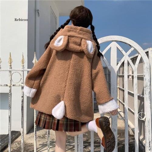 Kawaii Woolen Cloth Coat Girly Japanese Cute Bear Ears Soft Girl Teddy Jacket Women 2020 Winter New Warm Faux Fur Outerwear Cute