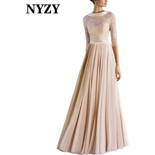 M378 NYZY Vintage Bowl Neck Champagne Mother of the Bride Dresses with Sleeves 2021 Chiffon Wedding Party Dress Evening Gowns