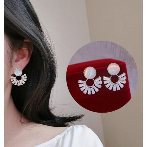 Trendy Luxury Zircon Stone Fan Shape Drop Dangle Earrings For Women Elegant Crystal Earring Female Wedding Party Jewelry Gifts