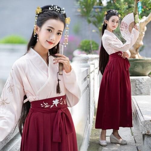 Autumn new style apricot cross collar top wine red Ru skirt womens improved daily Hanfu two piece set of Han elements