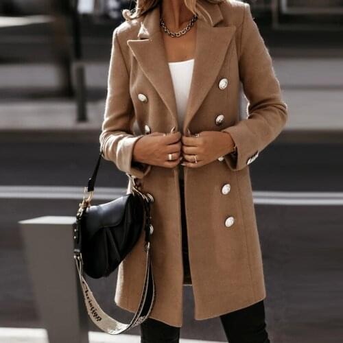 Women Elegant Woolen Coat Autumn Winter Lady Office Simple Solid Casual Double Breasted Turn-down Collar Female Long Coat