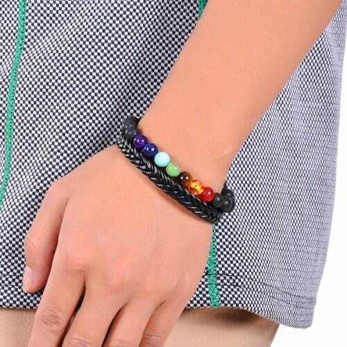Handmade Weave Charm Boho Black Leather Seven Chakra Yoga Magnet Buckle Energy Bangle Natural Beads Bracelets Unisex Jewelry