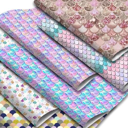 Mermaid Fish Scale Pattern Printed Faux Leather Sheets Synthetic Leather Fabric Roll for Bows Earrings Handmade Materials