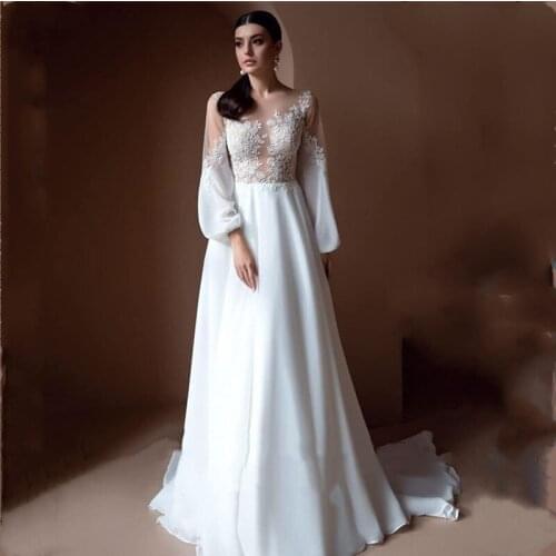 Modest A Line Chiffon Wedding Dresses Puff Long Sleeves Lace Applique O-Neck Sweep Train White Ivory Bridal Gowns Plus Size 2021
