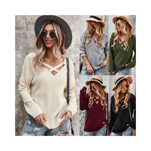 Women Casual Long-Sleeved V-Neck Hollow Cross Knitting Sexy Loose Slim Basis Sweater Elegant Female Pullover Tops Autumn Winter