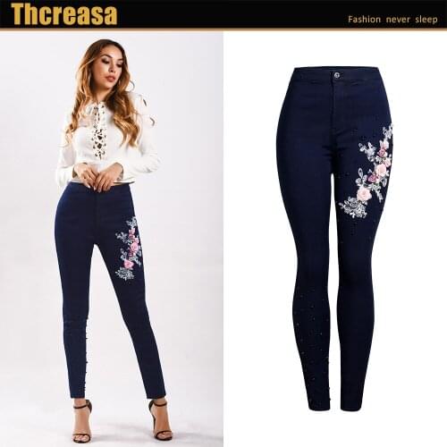 Womens Stretch Slim Jeans Womens Trousers Color Flowers Three-dimensional Embroidery Nail Beaded Jeans