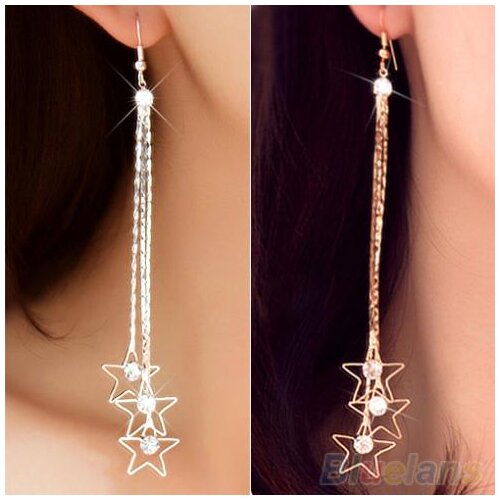 Womens Pentacle Rhinestone Drop 3 Layers Chain Long Tassels Dangle Linear Earrings 2JAM