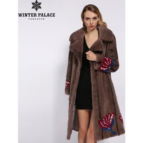 WINTER PALACE 2019 New Winter Long Import Mink Coat Suit Collar Flower Pattern Velvet Grade Real Fur Coat Warm Mink Fur Coat
