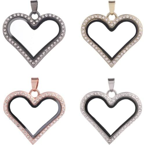 1pcs 4 Colors Heart sparkling Alloy Magnetic Glass with Rhinestone Lockets Floating Charms pendant for necklace Jewelry