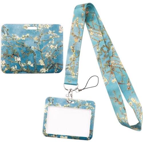 1pcs ZF3004 Van Gogh Almond Blossom Fashion Card Holder ID Holder Bus Card Holder Staff Card Lanyard For Key Phone DIY Hang Rope