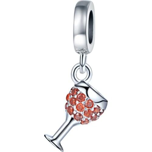 100% 925 Sterling Silver Red Wine Glass Pendant Beads Orange Zircon Cup Charms Fit European Bracelet for Girl Jewelry Gift