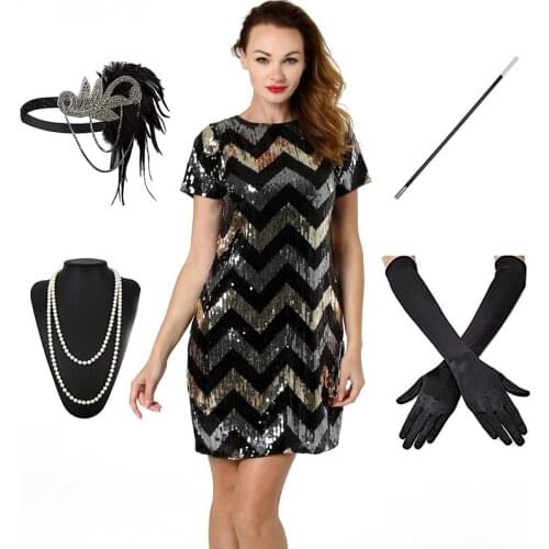 1920s Flapper Dress Roaring 20s Great Gatsby Art Deco Sequin, Dance, Disco Dress Embellished Art Deco Accessories Set for Party