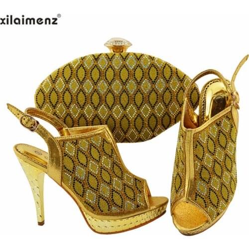 2019 Hot Selling New Arrivals Italian Shoes with Matching Bag Wedding Party Nigerian Ladies Shoes and Bag to Match Gold Color