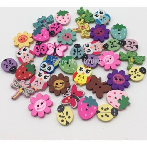 50pcs 20-25mm Mixed Butterfly Flower Owl Dragonfly Bee Wooden Novelty Buttons 2 Holes Sewing Accesories Scrapbook DIY Crafts