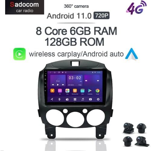 360 Panoramic Camera Carplay 6G+128G Android 10.0 Car DVD Player GPS map WIFI Bluetooth 5.0 RDS Radio For MAZDA 2 2007 2008-2013