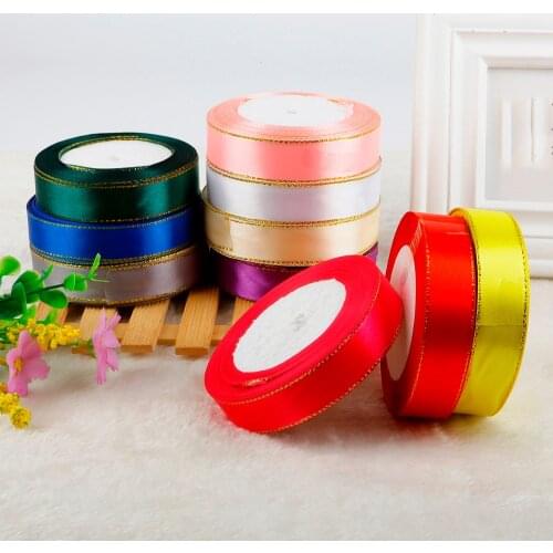 Fabric 20mm 25Yards Gold edge Polyester Silk Satin Ribbon For Sewing Wedding Party Handmade Decoration Webbing Gift Packing