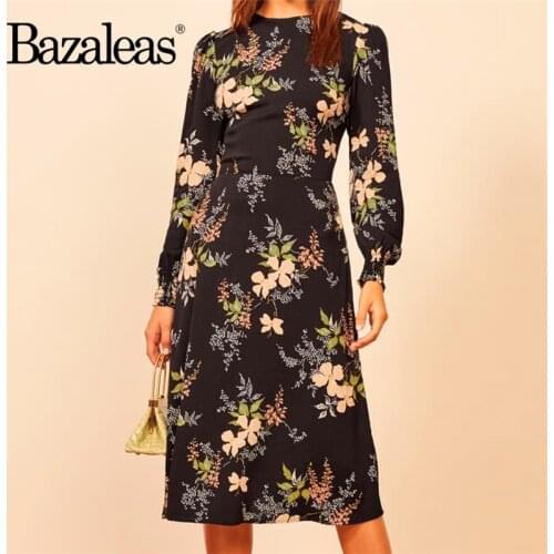Bazaleas Elegant Floral Print Black Long puff sleeve women midi dress Vintage center back button and zipper vestido