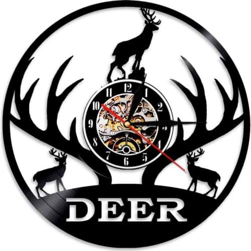 Wild Deer Vinyl Record Wall Clock Modern Animal Wildlife Deer Head Wall Art Hanging LED Light Watch Nursery Clocks Gift For Kids