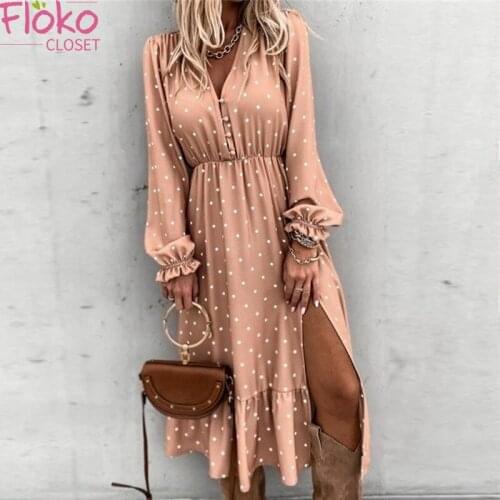 Flokocloset V-Neck Polka Dot Print Long Sleeve Dress A-Line Party Vestidos Spring Autumn Fashion Long Sleeve Split Maxi Dress