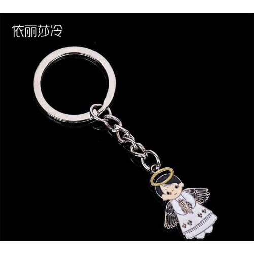 Catholic angel small cartoon mini angel key chain jewelry medal, cute cartoon Jesus cross key ring accessory pendant gift