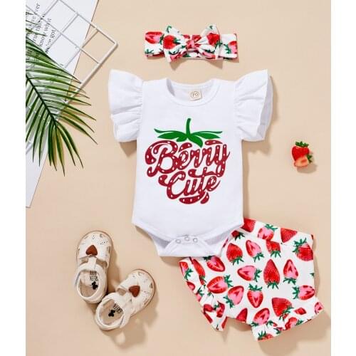 Baby Girls Clothes Set, Letter Print Flying Sleeve Romper+Strawberry Print Shorts+Bow-knot Headband 3Pcs Outfits Summer Clothes