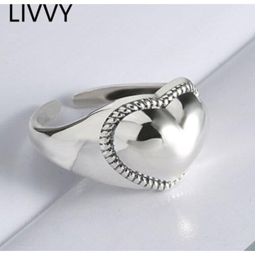 LIVVY Silver Color Trendy Heart sShape Rings Retro Simple Exquisite Woman Party Jewelry Gife Adjustable