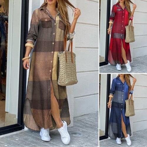 Fashion Female Long Robe Women Autumn Vintage Long Sleeves Maxi Shirt Dress 2021 Casual Plaid Vestidos Plus Size Woman Dresses
