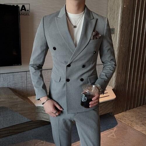 Business Double Breasted Blazers Pants Men 2 Pieces Set British Style Slim Fit Office Wedding Suit Jacket Trousers Oversize 7XL