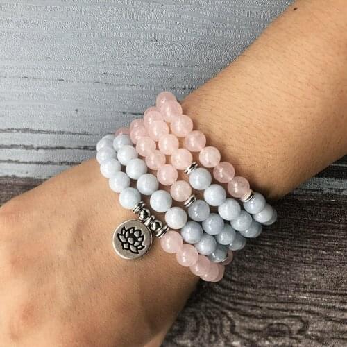 New Design 108 Prayer Beads Om Lotus Bracelet And Necklace 8MM A-quamarine & Rose Quartzs Healing Meditation Mala Jewelry