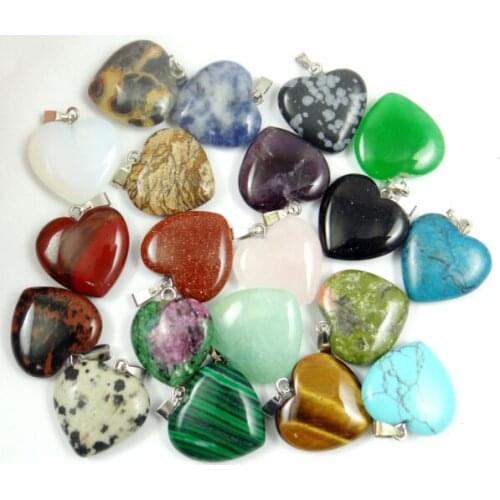 Wholesale Natural stone tiger eye lapis Turquoises Quartz Crystal Opal heart charms pendants for jewelry making necklace 24pcs