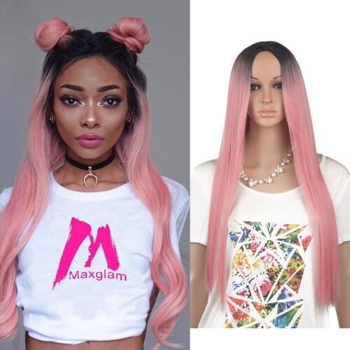 Ombre Synthetic Wig Heat Resistant Fiber Hair Wigs For Black Girl Black Roots Pink/Brown Color Silky Straight YunRong Hair