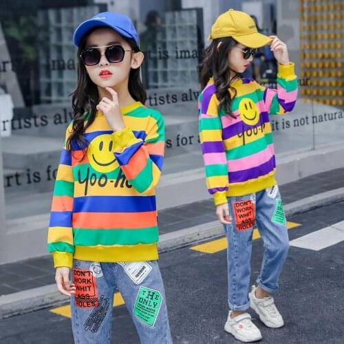 Baby Girls Suit Spring Autumn Clothing Children Kids Smile Stripesd Long Sleeve Tops + Jeans Pants Two-Piece Outfits Clothes Set
