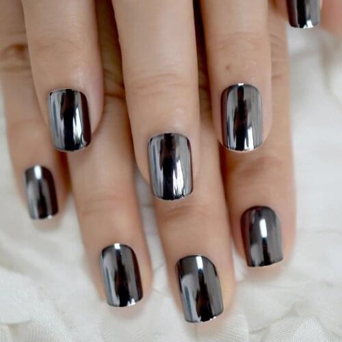 Dark Color Mirror Nails Medium Size Squoval Metallic False Nails Deep Grey Korea Manicure Tips 24 Ct