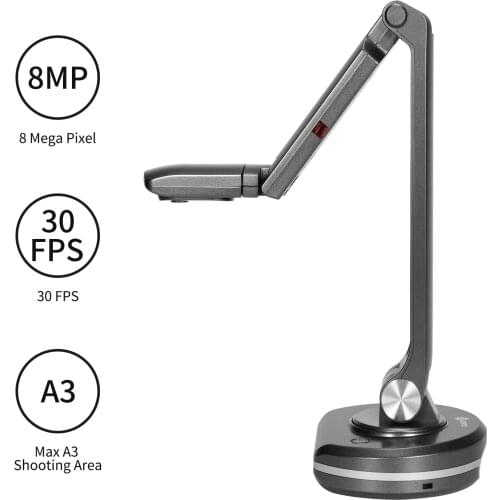 USB 2-in-1 Document Camera & Book Scanner Webcam with Auto Focus 8 Mega-pixel High-Definition Max. A3 Scanning Size LED Light