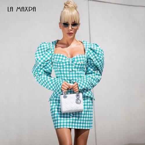 2021 New Casual Blue Plaid Slim Mini Dress Womens Square Neck Puff Sleeve Long Sleeve Waist Waist Dress Womens