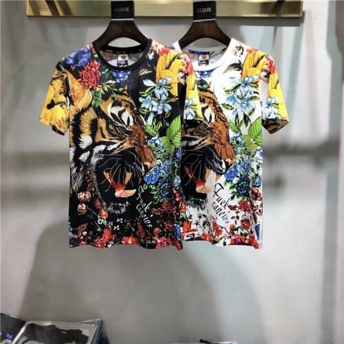 High-Elastic ExquisiteTiger Diamond-Encrusted Flower Outdoor Popular Domineering O-Neck Breathable Mens Summer Brand T-Shirt